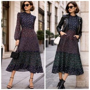 Rixo Billie Polka Dot Tiered Maxi Dress High Neck Long Sleeve Size Small